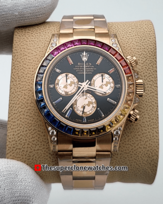 Rolex Cosmograph Daytona Rainbow Everose Gold Black Dial Exact 1:1 Super Clone 4130 Swiss Movement Replica Watch Ref-116595RBOW