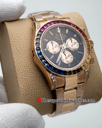 Rolex Cosmograph Daytona Rainbow Everose Gold Black Dial Exact 1:1 Super Clone 4130 Swiss Movement Replica Watch Ref-116595RBOW