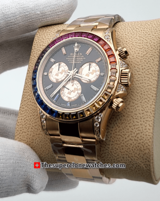 Rolex Cosmograph Daytona Rainbow Everose Gold Black Dial Exact 1:1 Super Clone 4130 Swiss Movement Replica Watch Ref-116595RBOW