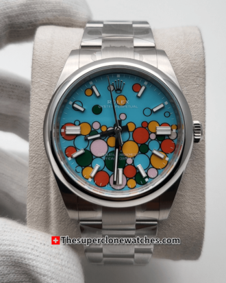 Rolex Oyster Perpetual Turquoise Blue Celebration Motif Dial Exact 1:1 Super Clone 3230 Swiss Movement Replica Watch Ref-124300